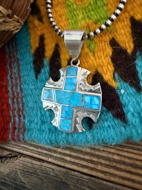 Old Pawn Handcrafted Inlay Turquoise & Sterling Silver Cross Pendant