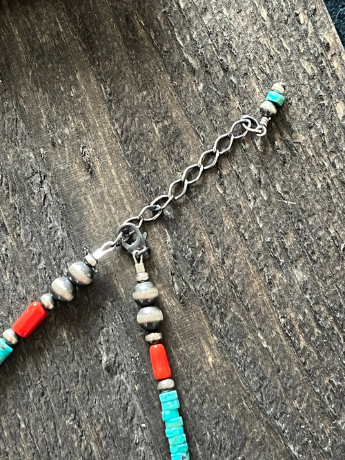 Handcrafted Summer Lovin’ Beaded Layering Necklace with Sterling Silver, Turquoise and Mediterranean Coral, 14” + 2”, The Beach Cruiser