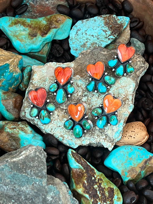 Vibrant Handcrafted Sterling Silver, Sonoran Turquoise and Spiny Oyster Shell Heart Cluster Post Earrings by Lucy Jake