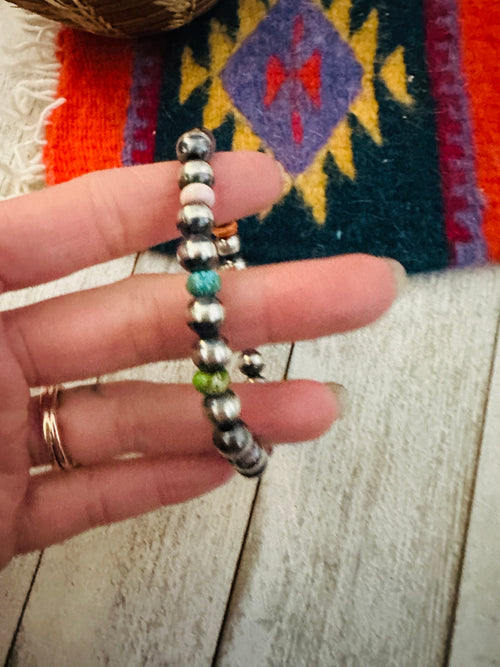 Handcrafted Multi Stone & Sterling Silver Pearl Beaded Stretch Bracelet