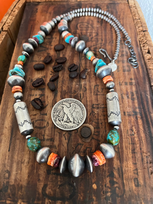 Handcrafted Sterling Silver, Kingman Turquoise and Spiny Oyster Shell Handcrafted Electric Rainbow Beaded Necklace by Rose Martin, 26 + 1 inch