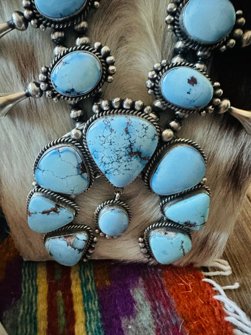 Handcrafted Golden Hills Turquoise & Sterling Silver Beaded Squash Blossom Necklace and Earring Set by Mary Ann Spencer