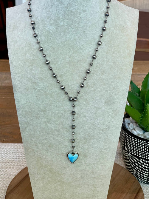 Gorgeous Handmade Sterling Silver & Golden Hills Turquoise Beaded Lariat Heart Necklace
