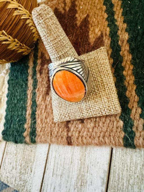 Handcrafted Old Pawn Sterling Silver & Orange Spiny Men’s Ring Size 12