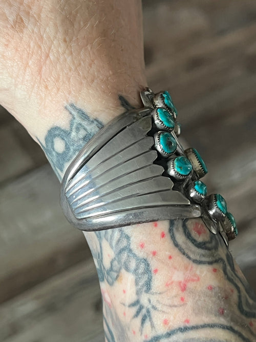 Vintage Cast Sterling Silver and Turquoise Flower Motif Cuff Bracelet