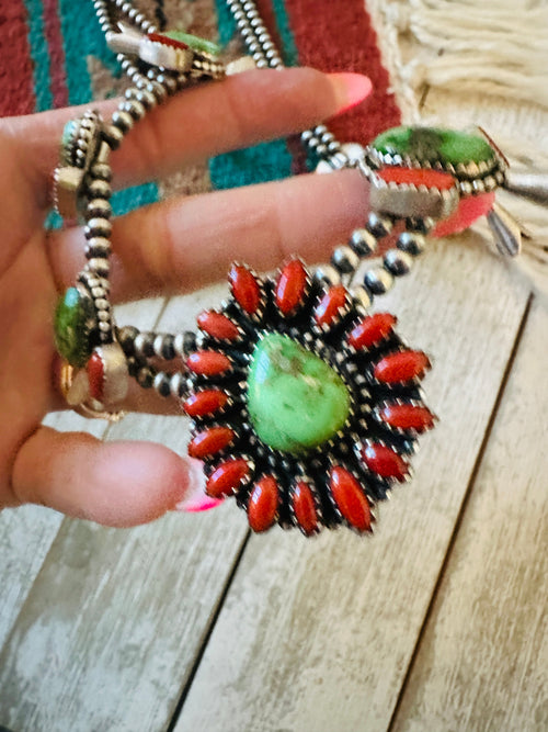 ** Christmas Collection ** Handmade Sterling Silver, Turquoise & Coral Necklace Signed Nizhoni
