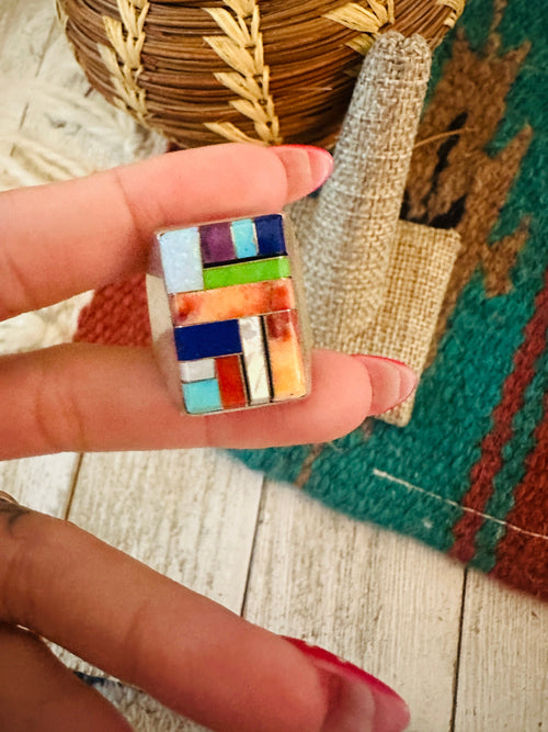 Handcrafted Old Pawn Sterling Silver & Multi Stone Inlay Ring Size 11