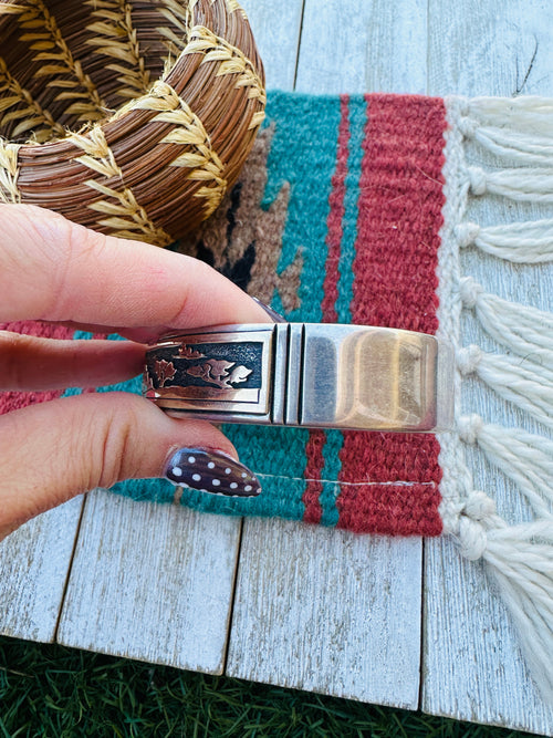 Handcrafted Old Pawn Sterling Silver with 14K Gold Overlay Storyteller Cuff Bracelet