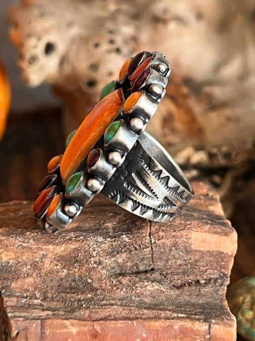 Electric Rainbow Handcrafted Turquoise and Spiny Oyster Cluster Ring by Bernyse Chavez, Adjustable