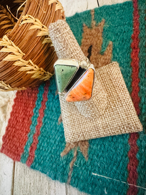 Old Pawn Navajo Sterling Silver, Turquoise & Spiny Adjustable Ring