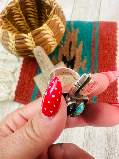 Handcrafted Old Pawn Sterling Silver, Turquoise, Spiny & Amethyst Adjustable Ring