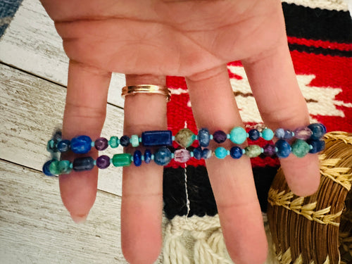 Handcrafted Multi Stone & Sterling Silver Pearl Beaded 17”Necklace w/ 3” extender