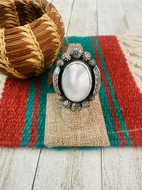Old Pawn Navajo Sterling Silver & Mother of Pearl Adjustable Ring