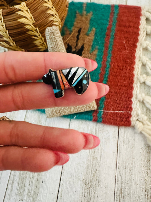 Old Pawn Navajo Sterling Silver & Multi Stone Inlay Bear Ring Size 5.5