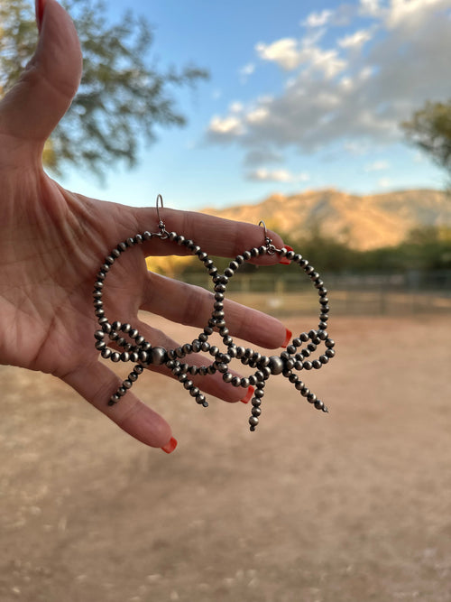 Handmade Sterling Silver 4mm Beaded Bow Tie Dangle round hoop Earrings