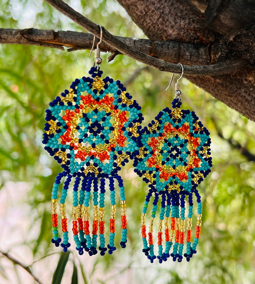 Handmade MultiColor Beaded Dangle Earrings (Blue, Turquoise, Orange)