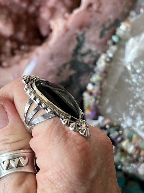 Apache Sterling Silver and Black Onyx Heart Ring by Rosella Paxson, Size 9.5