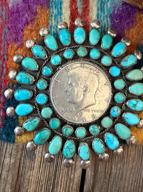 Old Pawn Handcrafted Turquoise and Sterling Silver Liberty Coin Cluster Brooch