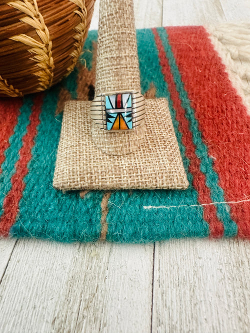 Handcrafted Old Pawn Sterling Silver & Multi Stone Inlay Ring Size 12