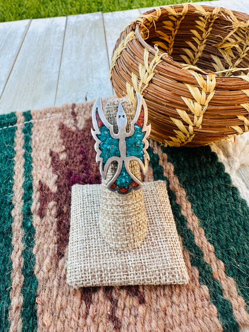 Old Pawn Handcrafted Turquoise, Coral & Sterling Silver Inlay Waterbird Ring Size 5.75