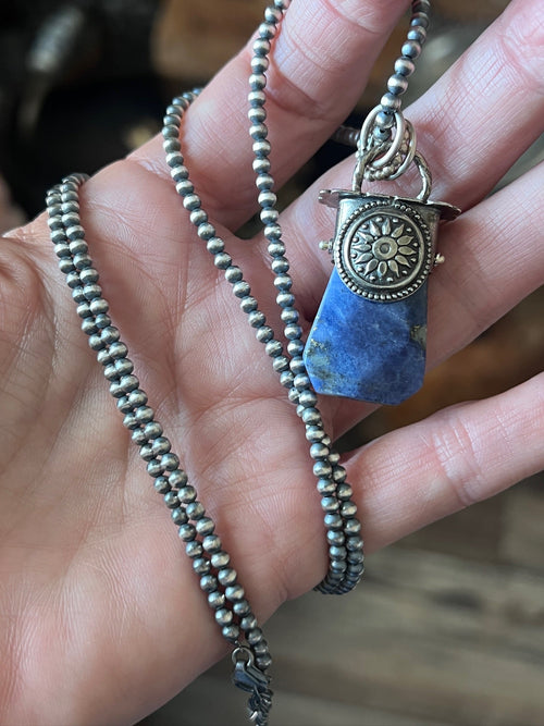 Sterling Silver Gem Collector 30” + 2” Beaded Necklace w/ Sodalite & Sunburst Pendant 2