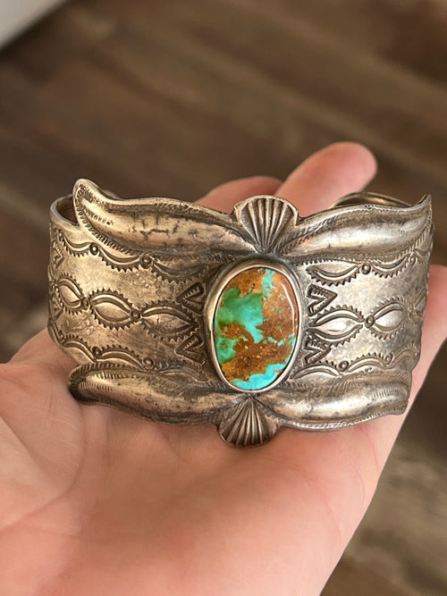 Handcrafted & Hand Forged Old Pawn Sterling Silver Ingot Turquoise Cuff Bracelet by Santa Fe Artist, Buffalo: The Royston