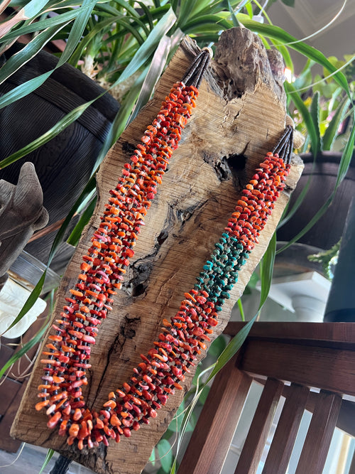 Gorgeous Santo Domingo Made Eight Strand Spiny Oyster and Turquoise Beaded Squaw Wrap Necklace by Daniel Coriz