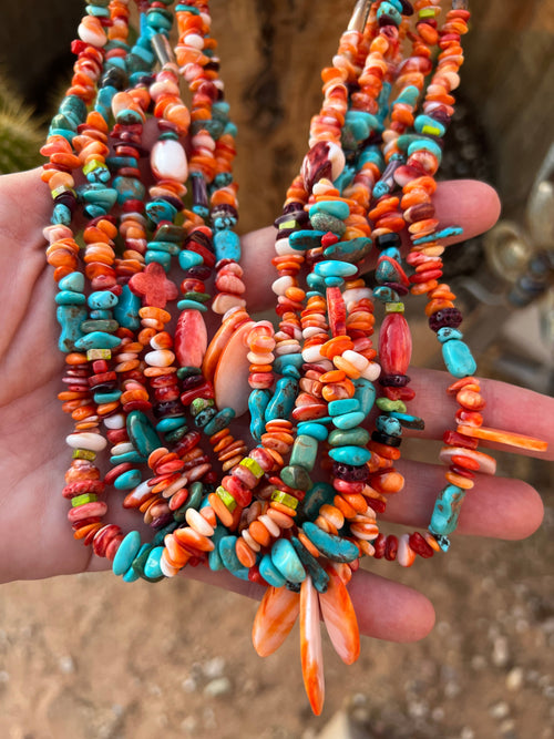 Gorgeous Santo Domingo Made Six Strand Spiny Oyster and Turquoise Beaded Squaw Wrap Necklace with Spiny Oyster Tabs