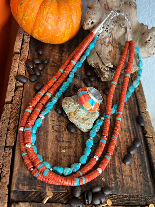 Daniel Coriz Triple Strand Apple Coral and Turquoise Beaded Necklace w/ Sterling Silver Removable Inlay Bead