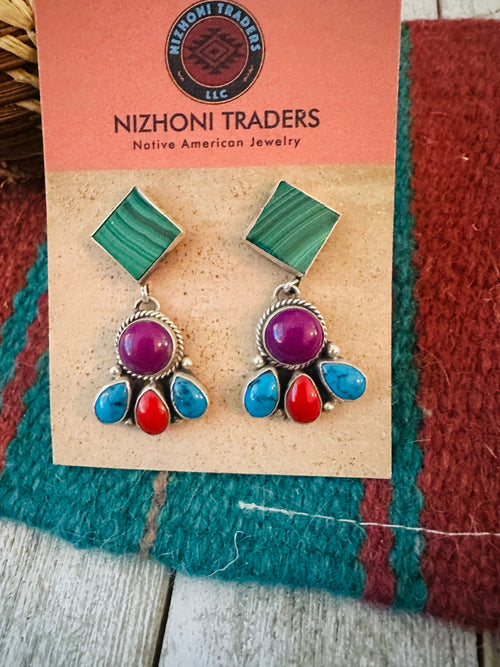 Old Pawn Navajo Sterling Silver & Multi Stone Dangle Earrings