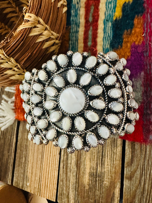 Handcrafted Old Pawn Sterling Silver & Mother of Pearl Cuff Bracelet