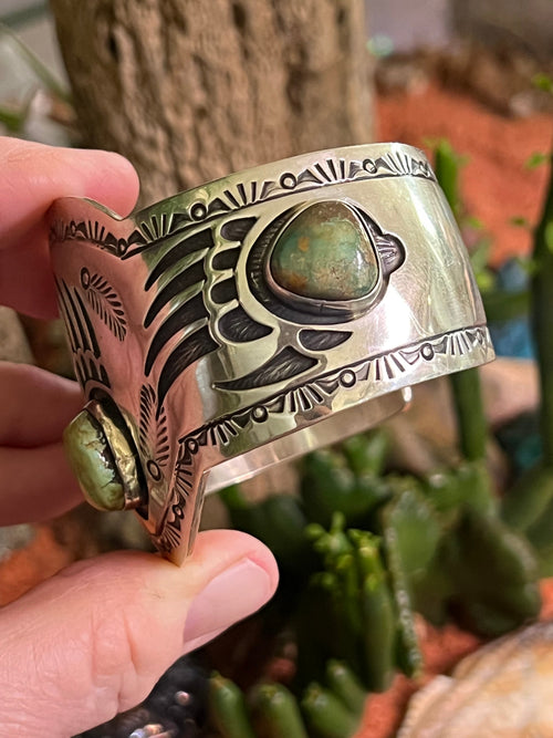 Handcrafted Old Pawn Sterling Silver and Royston Turquoise Overlay Bear Paw Cuff Bracelet by Charlie Bowie /
