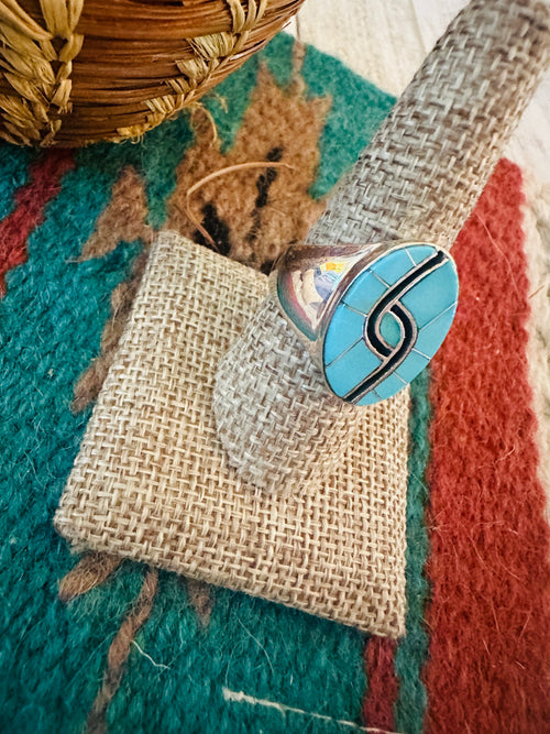 Old Pawn Navajo Sterling Silver, Turquoise & Onyx Inlay Ring Size 9