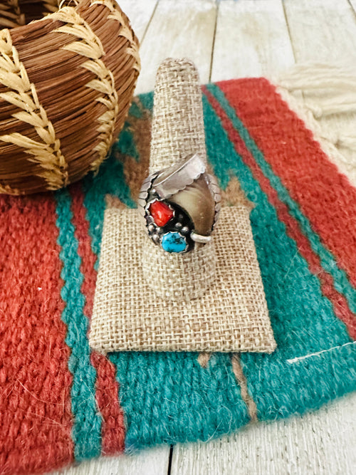 Old Pawn Handcrafted Turquoise, Coral & Sterling Silver Ring Size 9.5