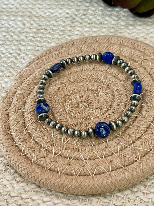 ** 4TH OF JULY ** Handmade Sterling Silver & Lapis Beaded Bracelet Signed Nizhoni