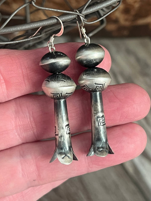 Navajo Sterling Silver Hand Stamped Bead and Blossom Earrings by Presley Haley