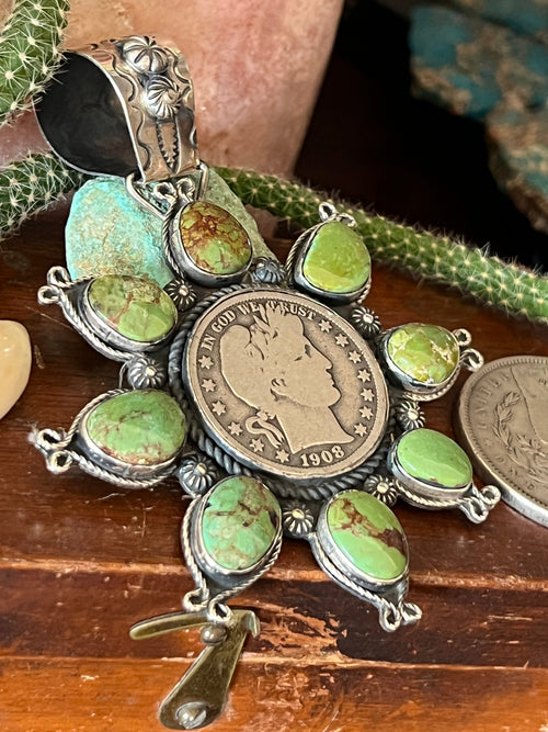 Apache Made Sterling Silver and Egyptian Turquoise Coin Cluster Pendant by Rosella Paxson