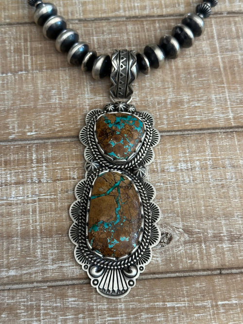 Charles Johnson Navajo Ribbon Turquoise & Sterling Silver Necklace, Bracelet and Ring Set Signed