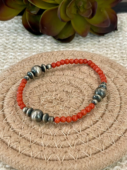 ** 4TH OF JULY ** Handmade Sterling Silver & Coral Beaded Bracelet with Signed Nizhoni