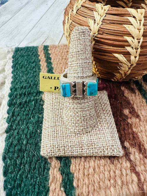 Old Pawn Handcrafted Turquoise & Sterling Silver Inlay Band Ring Size 10