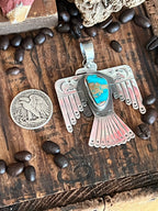Hand Stamped Sterling Silver & Royston Turquoise Thunderbird Pendant by Kimari Somers