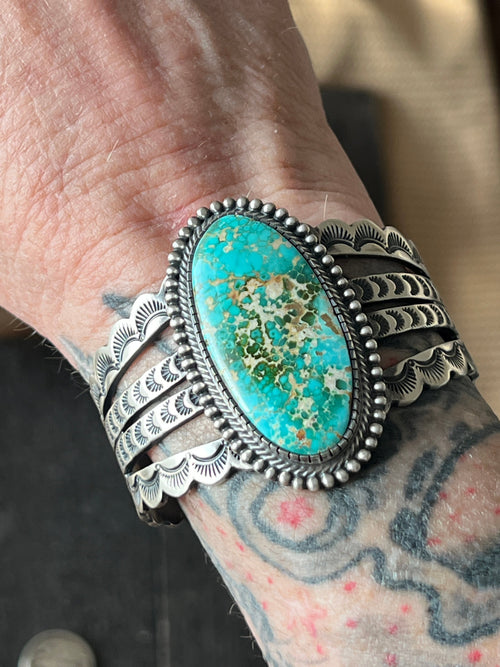 Handcrafted and Hand Stamped Sterling Silver and Royston Turquoise Cuff Bracelet by Diane Wylie