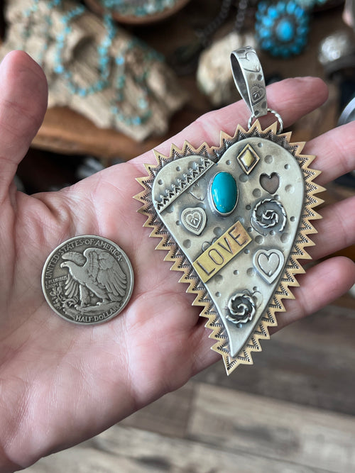 Kimari Somers Hand Stamped Sterling Silver, Brass & Turquoise Queen of Hearts Pendant