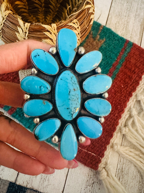 Old Pawn Navajo Sterling Silver & Turquoise Cluster Ring Size 9 by Andy Cadman