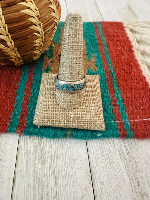 Old Pawn Navajo Sterling Silver & Turquoise Chip Inlay Band Ring