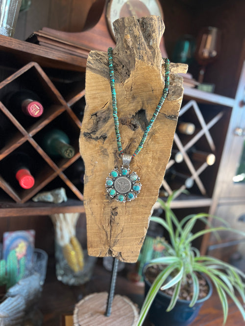 Rosella Paxson Hubei Turquoise and Barber Half Dollar Cluster Pendant