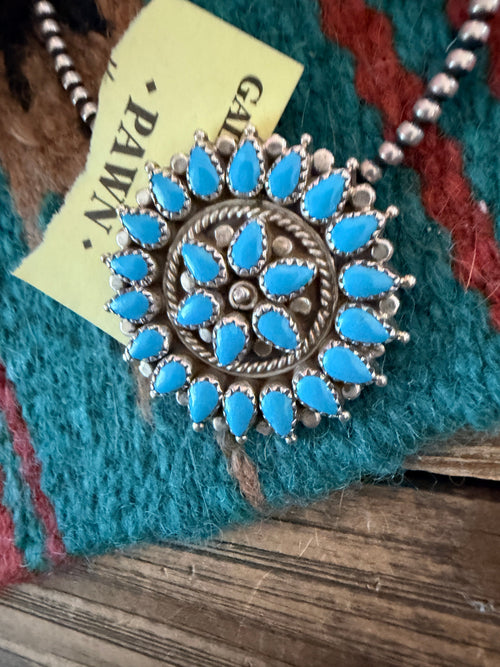 Old Pawn Handcrafted Turquoise and Sterling Silver Cluster Pendant