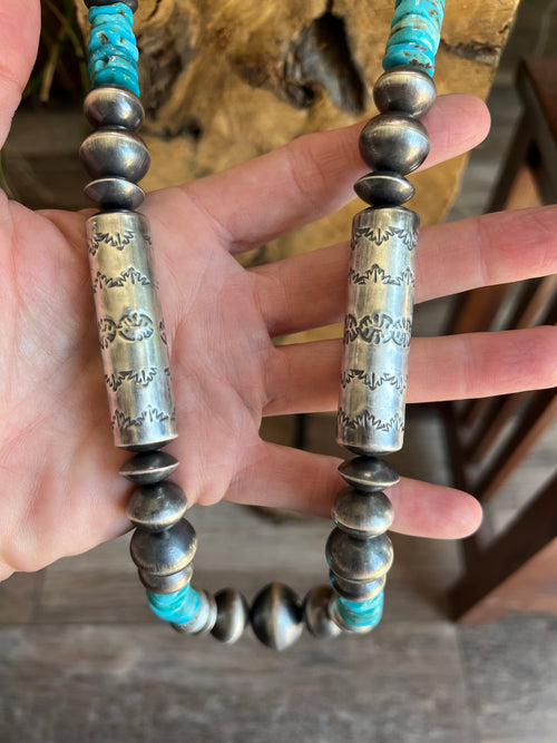 Navajo Sterling Silver and Kingman Turquoise Handmade Beaded Necklace by Rose Martin, 34 Inches