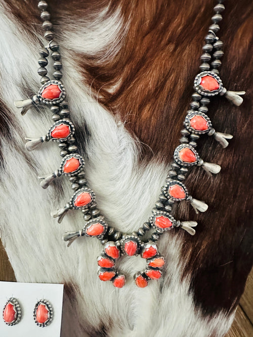 Handcrafted Sterling Silver & Spiny Oyster Squash Blossom Necklace Set