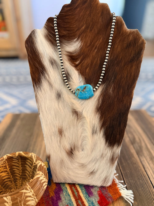 Handcrafted Kingman Turquoise & Sterling Silver Pearl 18” Beaded Necklace